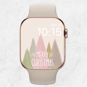 Sfondo natalizio per Apple Watch, sfondo invernale per smartwatch, quadrante natalizio festivo, grazioso albero di Natale ad acquerello, estetica beige