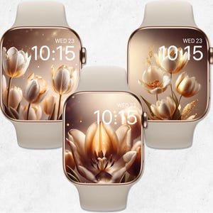 Pacchetto di sfondi per Apple Watch Tulip, quadrante primaverile, elegante sfondo floreale per orologio, quadrante con fiori in fiore, estetica beige e oro