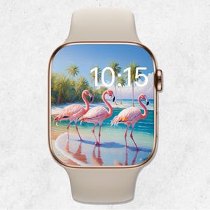 Sfondo Apple Watch Flamingo Quadrante Apple Watch Spiaggia Sfondo Orologio Estivo Sfondo Smartwatch Tropicale Atmosfera Spiaggia Estetica Acquerello