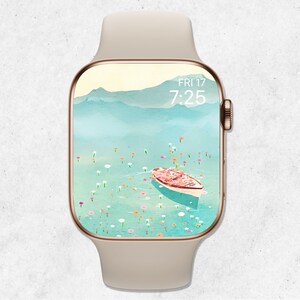 Sfondo floreale per Apple Watch, fiori per il quadrante di Apple Watch, sfondo acquerello con barche e montagne, estetica beige, sfondo per smartwatch