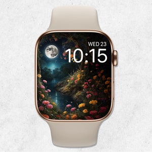 Sfondo floreale per Apple Watch, quadrante primaverile, quadrante con fiori di campo, sfondo botanico per smartwatch, giardino segreto di notte con la luna