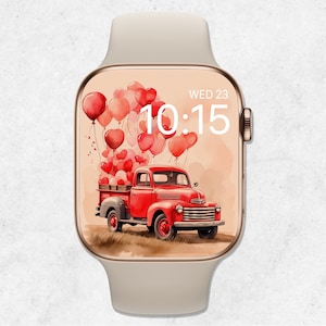 Carta da parati per Apple Watch con camion di San Valentino, quadrante con cuori acquerello, sfondo con amore per smartwatch, quadrante beige per San Valentino, camion rosso