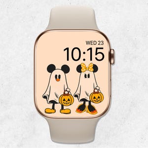 Sfondo dell'Apple Watch di Halloween, quadrante dell'orologio fantasma di Topolino e Minnie, sfondo dell'orologio con zucca, sfondo dello smartwatch di Halloween, estetica beige