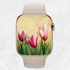 Quadrante primaverile per Apple Watch, sfondo floreale per Apple Watch, sfondo con tulipani in fiore ad acquerello, sfondo per smartwatch, arte dei tulipani