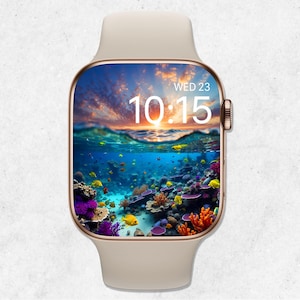 Sfondo estivo per Apple Watch, quadrante dell'orologio con oceano, sfondo per smartwatch con barriera corallina, quadrante dell'orologio subacqueo, sfondo estetico per orologio con tramonto