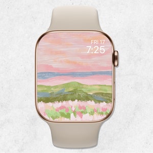 Sfondo floreale per Apple Watch, sfondo con quadrante di Apple Watch con paesaggio, sfondo con dipinto di paesaggio, estetica beige, sfondo per smartwatch, arte floreale
