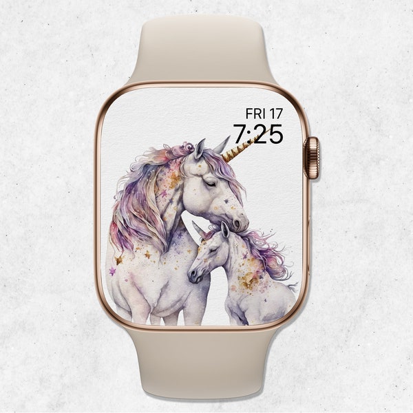 Unicorn Apple Watch Wallpaper, Apple Watch Face Unicorn, Watercolor Unicorn Mom And Baby Wallpaper, Smartwatch Wallpaper, Digital Download