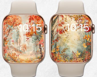 Set of 2 Fall Apple Watch Wallpapers, Autumn Watch Face, Fall Tree Leaves Watch Wallpaper, Autumn Landscape Watercolor Smartwatch Background