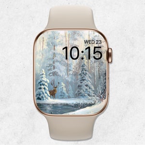 Sfondo invernale per Apple Watch, quadrante natalizio, sfondo smartwatch con neve foresta invernale, pittura di paesaggi invernali, estetica natalizia