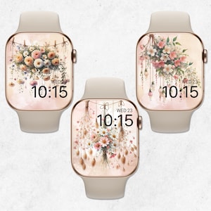 Set di 3 sfondi floreali per Apple Watch, quadrante con fiori, sfondo per smartwatch con fiori ad acquerello, sfondo per orologio Boho, estetica beige