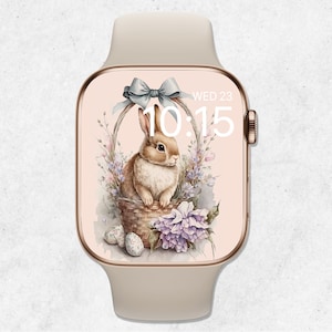 Sfondo dell'Apple Watch con coniglietto pasquale, quadrante dell'orologio pasquale, sfondo acquerello dello smartwatch con coniglietto pasquale, quadrante dell'orologio primaverile, estetica beige