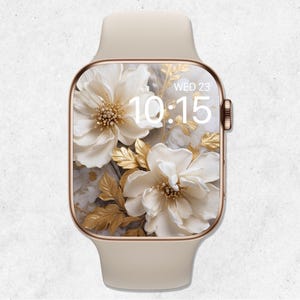 Sfondo floreale per Apple Watch, quadrante floreale, sfondo per smartwatch con fiori bianchi e oro, estetica dorata, sfondo elegante per orologio
