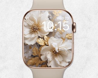 Fondo de pantalla floral para Apple Watch, esfera de flores, fondo de smartwatch con flores blancas y doradas, estética dorada, elegante fondo de pantalla para reloj.