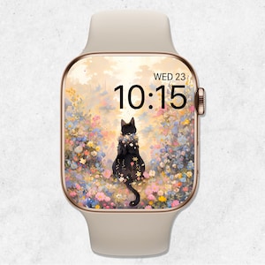Carta da parati Cat Apple Watch, quadrante floreale, carta da parati orologio gatto nero, sfondo acquerello Smartwatch, estetica beige, orologio amante dei gatti