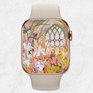 Sfondo floreale per Apple Watch, Fiori sul quadrante di Apple Watch, Sfondo con pittura a olio di fiori astratti, Estetica beige, Sfondo per smartwatch