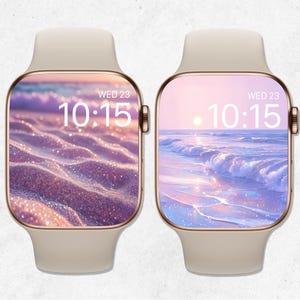 Könnte beinhalten: Zwei Apple Watch-Zifferblätter mit einer pink- und lilafarbenen Sonnenuntergangs-Strandkulisse. Die Uhrzeit ist 10:15 Uhr und der Tag ist Mittwoch, der 23.