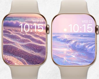Fondo de pantalla de verano para Apple Watch, esfera de Apple Watch con olas del océano, esfera de reloj con puesta de sol en el mar, fondo de reloj con playa brillante, estética con purpurina pastel