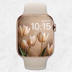 Sfondo primaverile per Apple Watch, quadrante con tulipani, sfondo floreale per orologio, quadrante con fiori, sfondo elegante per smartwatch, estetica beige