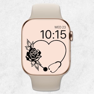 Sfondo di Apple Watch da infermiera, quadrante di Apple Watch da infermiera, sfondo floreale con stetoscopio, estetica beige, sfondo minimalista per smartwatch da infermiera