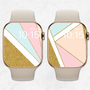 Set di 2 sfondi geometrici per Apple Watch, quadrante glitterato, sfondo orologio dorato, sfondo pastello orologio, quadrante minimale ed elegante