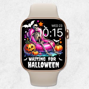 Sfondo di Halloween per Apple Watch, quadrante scheletro, sfondo spettrale per orologio, sfondo divertente per smartwatch di Halloween, estetica autunnale con zucca