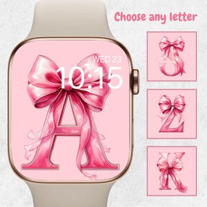 Fondo de pantalla inicial para Apple Watch, esfera personalizada para Apple Watch, fondo de pantalla con lazo Coquette, fondo con letras para smartwatch, estética rosa Coquette