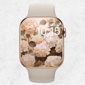 Sfondo floreale per Apple Watch, quadrante ortensia, sfondo primaverile per Apple Watch, quadrante botanico per Apple Watch, fiori boho neutri, estetica beige