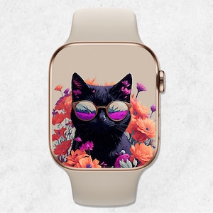 Quadrante di gatto per Apple Watch, Sfondo di gatto per Apple Watch, Carta da parati floreale con gatto nero acquerello, Estetica beige, Sfondo per smartwatch, Dipinto di gatto