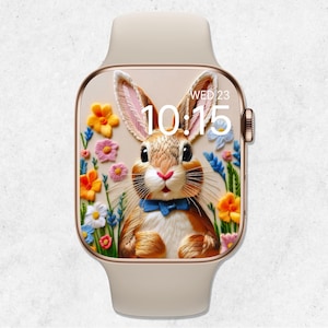 Sfondo 3D per Apple Watch con coniglietto pasquale, quadrante pastello per orologio pasquale, sfondo carino per orologio primaverile, smartwatch con coniglio floreale, estetica all'uncinetto