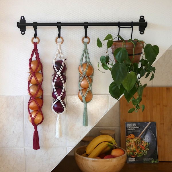 Macrame Onion Net, Condiment Kitchen Storage, Wall Decor and Wall Storage, Hanging Storage, Bohemian Style,  white natural green gift idea