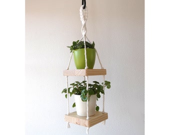 Petite étagère suspendu bois/macramé personnalisable, suspension pour plante fait main, idée cadeau, décoration bohème chic blanc lumineux