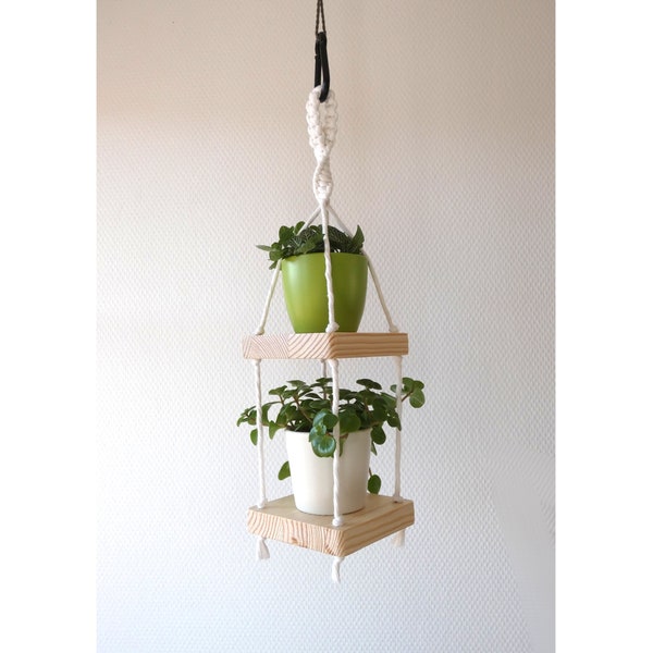 Petite étagère suspendu bois/macramé personnalisable, suspension pour plante fait main, idée cadeau, décoration bohème chic blanc lumineux