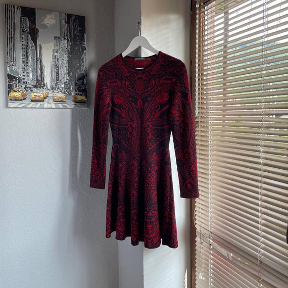 Alexander McQueen, RARE! Vintage 90's Alexander McQueen Red Jacquard Silk & Wool Knee-Length Dress