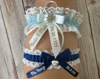 Personalisiertes Strumpfband mit Namen und Datum | Hochzeit | Braut I Bride I Brauch I Etwas blaues I Blaues Strumpfband mit Spitze