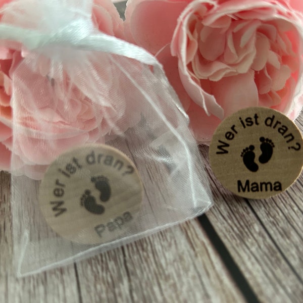 Entscheidungsmünze (3 cm) aus Holz für werdende Eltern im Organza Säckchen | Geschenk zur Geburt I Geschenk Baby Party I Geschenk Mama Papa