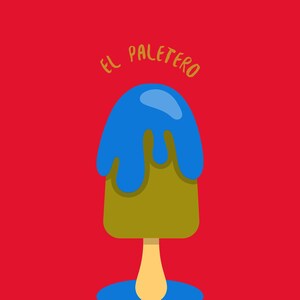 May include: A blue and brown popsicle with the text "EL PALETERO" above it. The popsicle is melting and dripping blue liquid.
