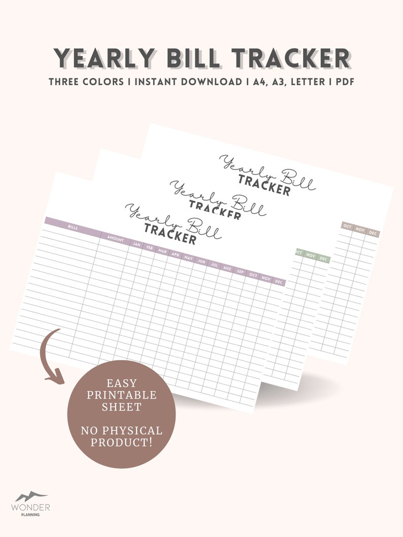 Yearly Bill Tracker Overview Template Printable PURPLE - Etsy