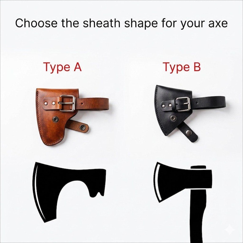 May include: Image showing two leather axe sheaths, labeled Type A and Type B, with corresponding axe head silhouettes. Type A is brown with a buckle, and Type B is black with a buckle. Text reads "Choose the sheath shape for your axe."