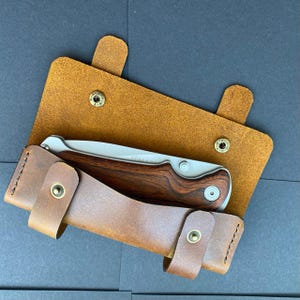 Handmade Brown Leather Folding Knife Sheath with Double Snap – Belt Loop Case for EDC or Multitool