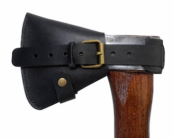 Handmade Leather Ax Sheath with Buckle Strap, Distressed Leather, Custom Fit Options, Bushcraft Gift, Precise Ax Size Adjustment-Black