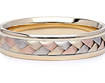 May include: A gold wedding band with a braided design in three different shades of gold: yellow, white, and rose.