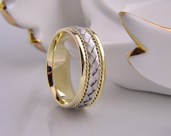BRAİDED WEDDING Band Set for His and Hers / 10k 7.00 mm Yellow and White Gold / Twisted  Love Ring / Celtic Dome Solid Gold for Gift