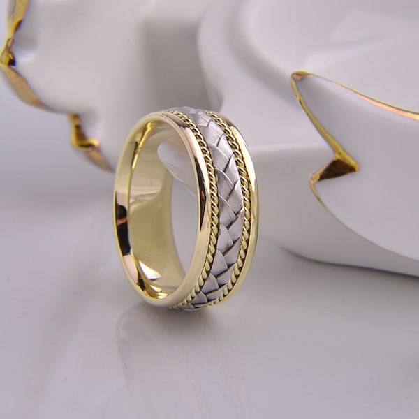 BRAİDED WEDDING Band Set for His and Hers / 10k 7.00 mm Yellow and White Gold / Twisted  Love Ring / Celtic Dome Solid Gold for Gift