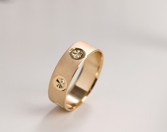 ENGAGEMENT RING YELLOW Gold Wide Flat  for Women / 14k 6.00 mm Solid Gold Thick Filled  Wedding Band / Mid-century His and  Her's Ring Set