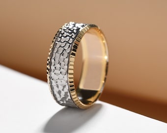 10k SOLID GOLD FOR Gift / Thick Filled Wide Flat Comfort Ring / Bridal Wedding Band for Women / Alternative Hand Hammered /  Mother's Day