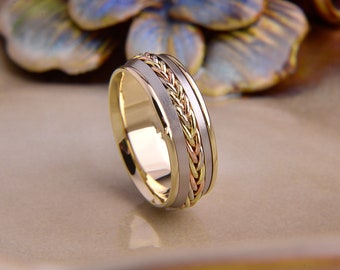 10K RINGS BRAIDED Wedding Band / Laides Elegant Twisted Double Ring Set /10k Solid Yellow Gold / Celtic Rose and White Gold for Women