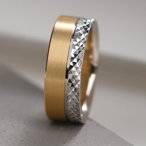 ENGAGEMENT RING SET Yellow and White Solid Gold for Women&#39;s and Men&#39;s / 7.00mm Matte Gold Band / Flat Comfort Fit Wedding Band Mother&#39;s Day
