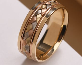 14K SOLID GOLD BRAIDED Wedding Band Mother's Day / Hand Woven, Dainty Engagement Ring Set For Woman and Man / Thick Filled Gold Gift Chain