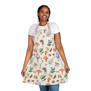 Mushroom Cottagecore Woodland Forest Apron | Poly Twill | Adorable | Charming | Kitchen | Snail | Fern | Beige | Green | Purple | Oak Leaf