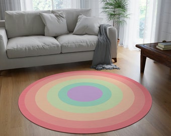 Pastel Rainbow Round Area Play Rug | Maximalist | Colorful | Extra Large | Five Foot | Plush | Nursery | Playroom | Living Room | Kids